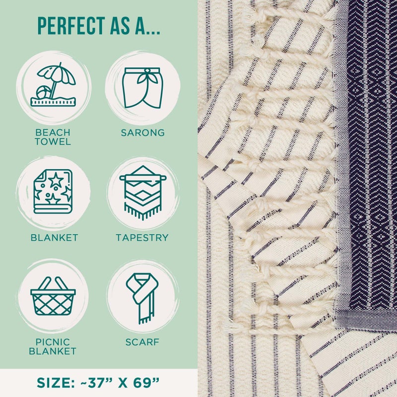 Sand Cloud Turkish Beach Towel - Sand Free - Fast Drying -100% Certified Organic Turkish Cotton Yarn - Great for Beach Bath or as a Blanket - As Seen on Shark Tank - Letoon (Navy) - Image 3